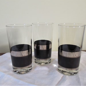 3 Vintage Georges Briard  Highball Bar Glasses  Silver & Black Bands Signed 5.5&quot; Tall