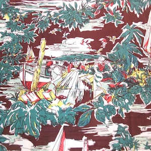 May include: A vintage fabric with a nautical theme. The design features sailboats, palm trees, and figures near a dock, all set against a dark brown background. The artwork is rendered in shades of red, white, teal, and yellow.