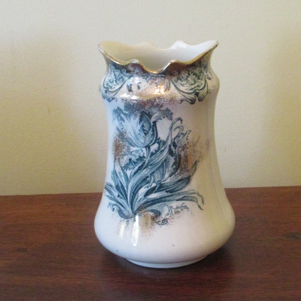 Antique Colonial Pottery Floral Transferware "Alberta" Teal Toothbrush Holder / Vase Gilt Accent 5.5" Tall