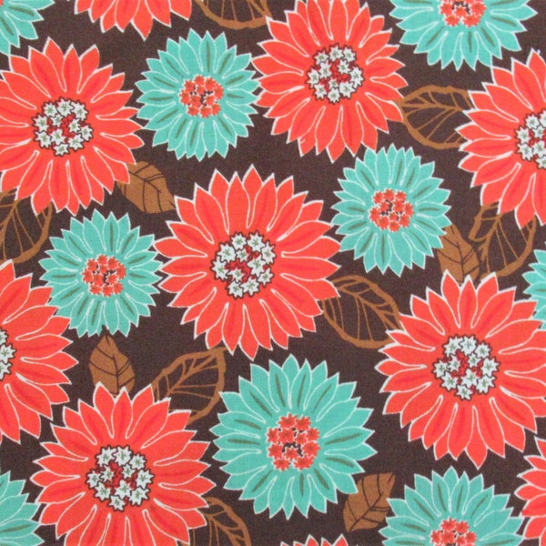 1950's Dahlia Floral Cotton Feedsack Fabric Orange Turquoise Brown 42" W X 38" L