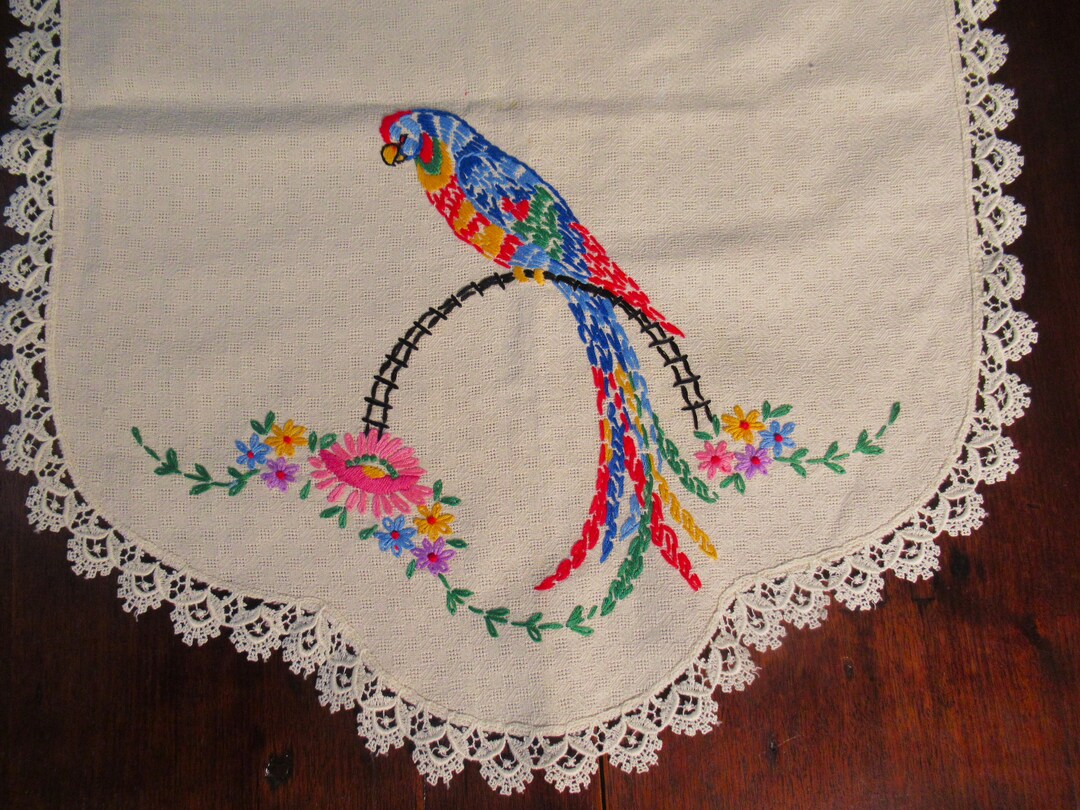 Midcentury Embroidered Parrots Table Runner/scarf Cream Cotton Bright