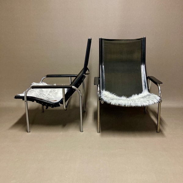 Paire de fauteuils relax inclinable cuir noir design 1960.