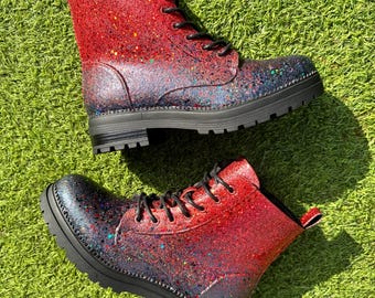 Red Black Ombre Combat Boots, Holographic Glitter Boots