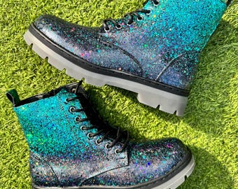Turquoise Black Ombre Combat Boots, Holographic Glitter Boots