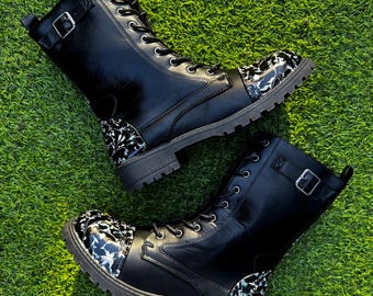 Holographic Swirl Foil Combat Boots, Handmade Rainbow Boots