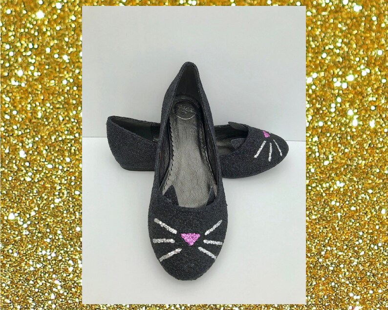 Black cat shoes Cat ballet flats Cat glitter shoes Black Etsy