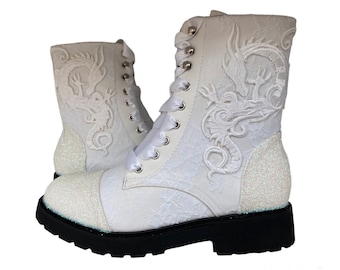 White dragon boots, Dragon lace boots, White lace boots, White bridal boots, Dragon ankle boots, Altenative wedding, Custom combat boots