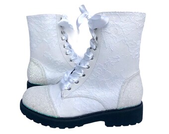 White lace combat boots, Combat lace boots, White lace boots, White bridal boots, Lace ankle boots, Altenative wedding, Custom combat boots