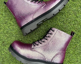 English Rose Color Shift Glitter Combat Boots, Pink Rose Gold Sparkle Shoes