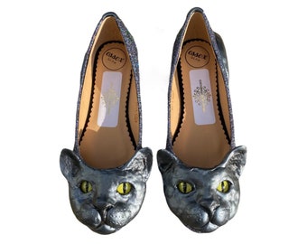 Sculpted cat flats, Sculpted cat shoes, Custom pet shoes, 3D pet cat, Glitter flat shoes, Cat lover gift, Pet gift for her, Halloween cat