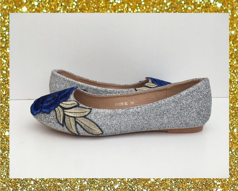 Blue rose glitter flats, Holo glitter flats, Royal blue ballet flats, Blue rose shoe, Womens flat shoes, Silver holo glitter, Something blue image 6