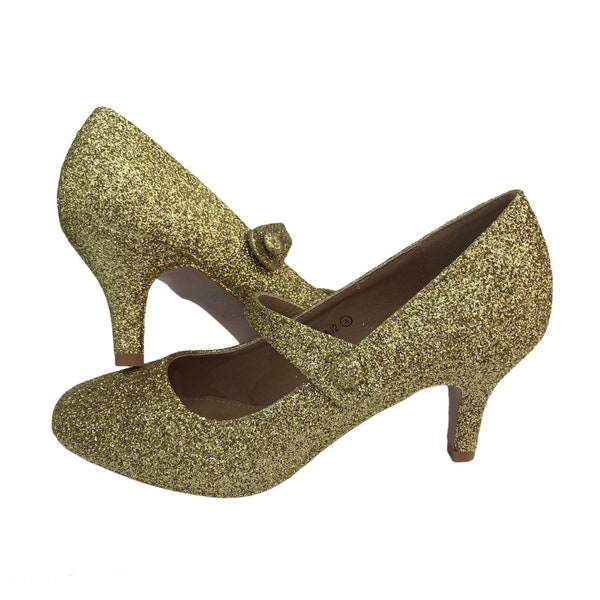 Glitter Mary Jane heels in gold
