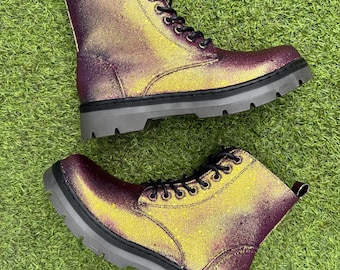 Fruit Salad Color Shift Glitter Combat Boots, Pink Orange Sparkle Shoes