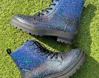 Blue Black Ombre Combat Boots, Holographic Glitter Boots