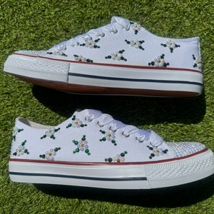 Daisy rhinestone trainers, Comfy wedding shoe, Floral canvas shoes, Cute tennis shoes, Pearl trainers, Crystallised pumps