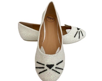 White cat shoes, White glitter flats, Cat wedding shoes, Cute cat shoes, White ballet flats, Flat wedding shoes, Wedding shoes for bride
