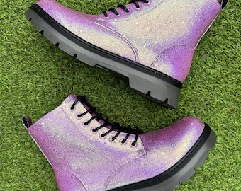 Baby Doll Color Shift Glitter Combat Boots, Pink Shimmer Sparkle Shoes