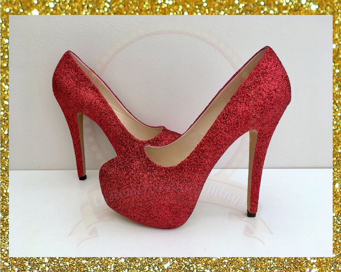 red glitter platform heels