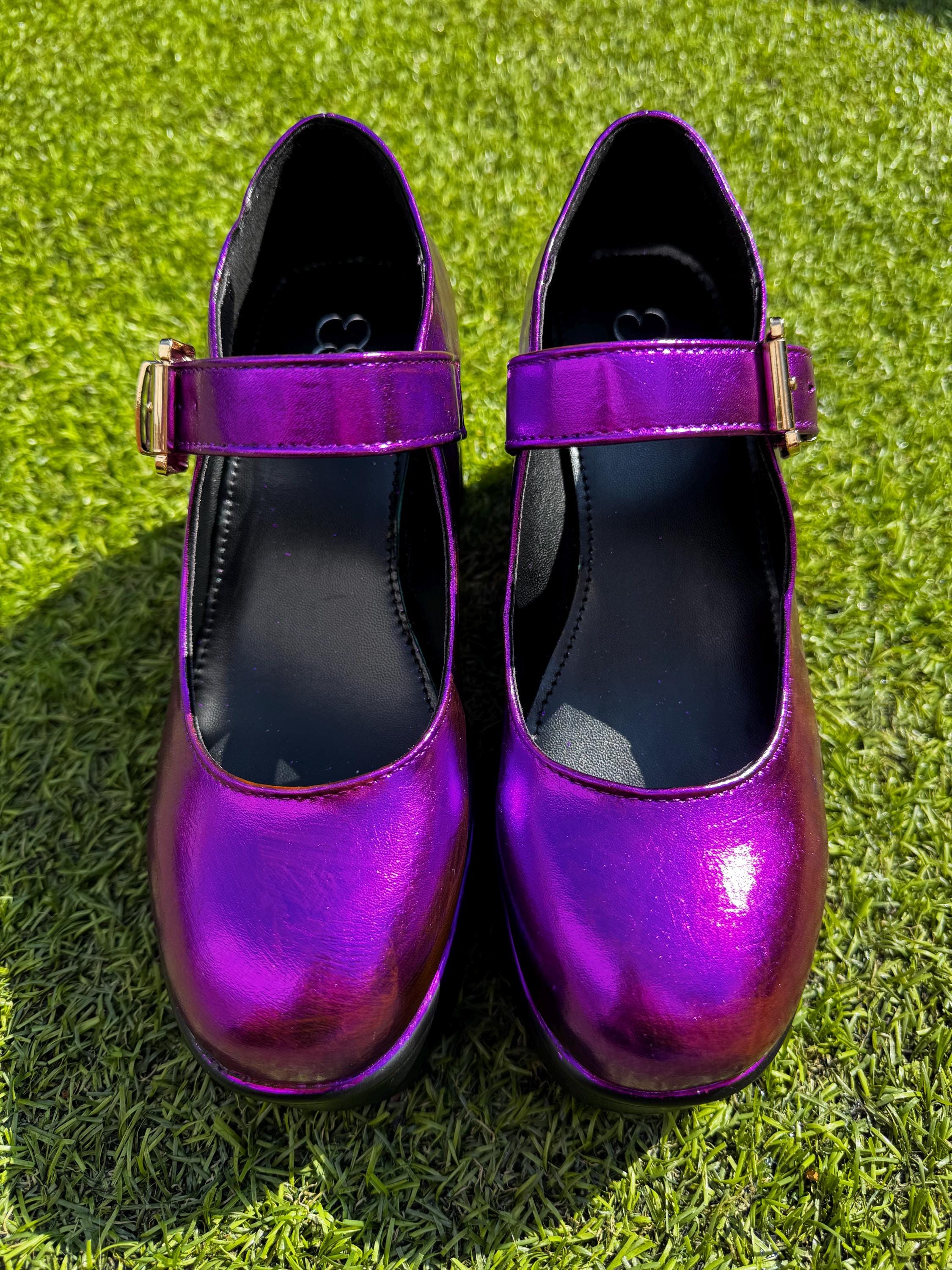 Metallic Purple Chunky Mary Jane Heels, Purple Foil Shoes, Purple