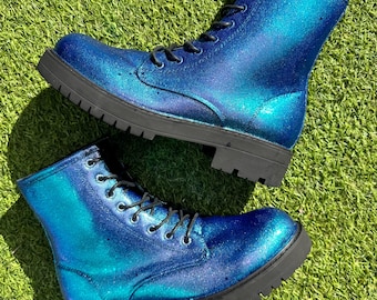 Aurora Color Shift Glitter Ankle Boots, Blaue Flieder Glitzernde Schuhe