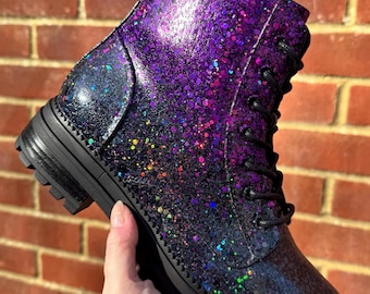 Purple Black Ombre Combat Boots, Holographic Glitter Boots