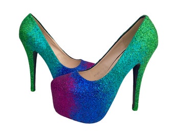 Peacock ombre glitter heels, Ombre glitter shoes peacock, Platform glitter heels ombre, Custom peacock heels high, Custom glitter shoes gift