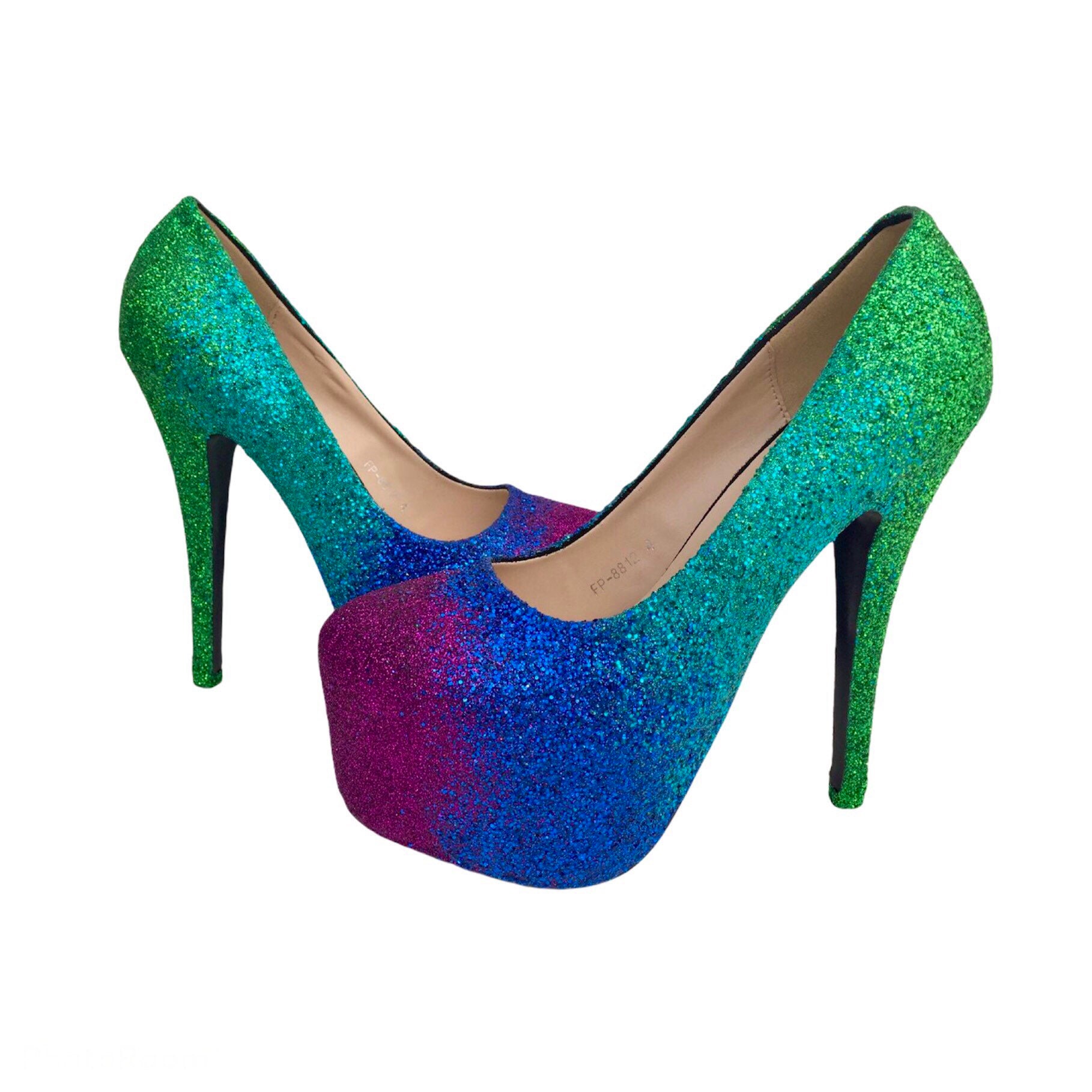 Peacock ombre glitter heels, Ombre glitter shoes peacock, Platform glitter  heels ombre, Custom peacock heels high, Custom glitter shoes gift