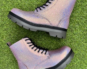 Bubblegum Colour Shift Glitter Combat Boots, Pink Shimmer Sparkle Shoes