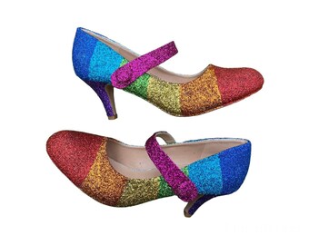 Mary Jane Rainbow Heels, Mary Jane Glitter Heels, Rainbow