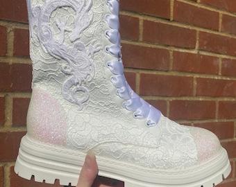 All white dragon boots, Dragon lace boots, White lace boots, White bridal boots, Dragon ankle boots, Altenative wedding, Custom combats