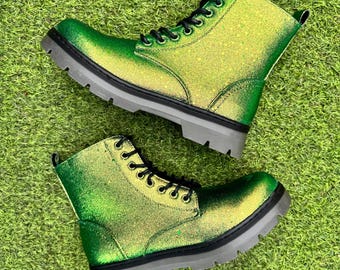 Wyvern Color Shift Glitter Combat Boots, Green Gold Sparkle Shoes