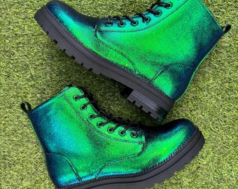 Beetle Color Shift Glitter Combat Boots, Blue Green Purple Sparkle Shoes