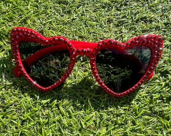 Red rhinestone sunglasses, Embellished sunglasses, Personalised glasses, Bling glasses, Accessory, Gift, Fashion, Heart glasses, Festival