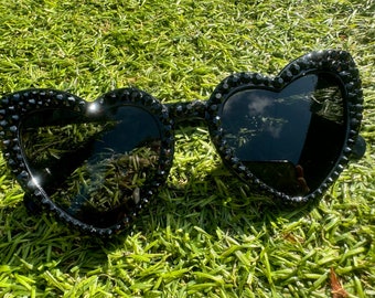 Black rhinestone sunglasses, Embellished sunglasses, Personalised glasses, Bling glasses, Accessory, Gift, Fashion, Heart glasses, Festival