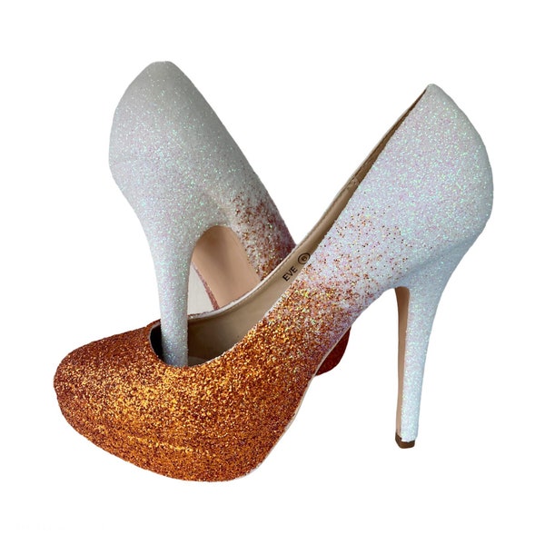 White orange glitter heels, Orange ombre heels, Ombre glitter heels white, White glitter heels, Custom glitter shoes, Court heels glitter