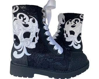 Lace skull boots, Skull lace boots, Black lace boots, Black bridal boots, Skull ankle boots, Altenative wedding, Custom combat boots