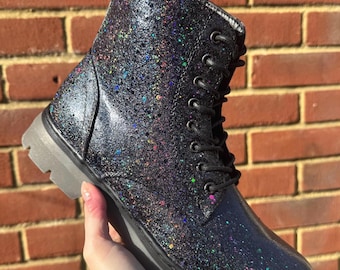 Customised Glitter Combat Boots, Holographic Black