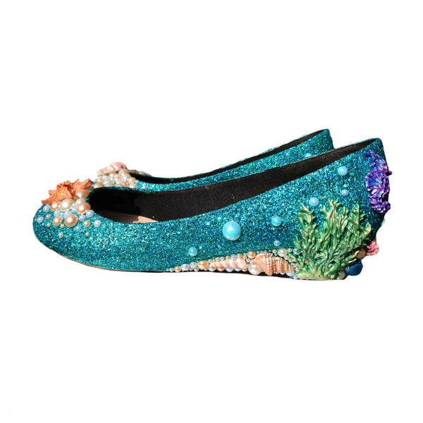 Under The Sea Sculpted Glitter Wedges  Sculpted Shoes  Low Wedding Shoes  Beach Wedding  Sea Theme  Seahorse  Sea Shells