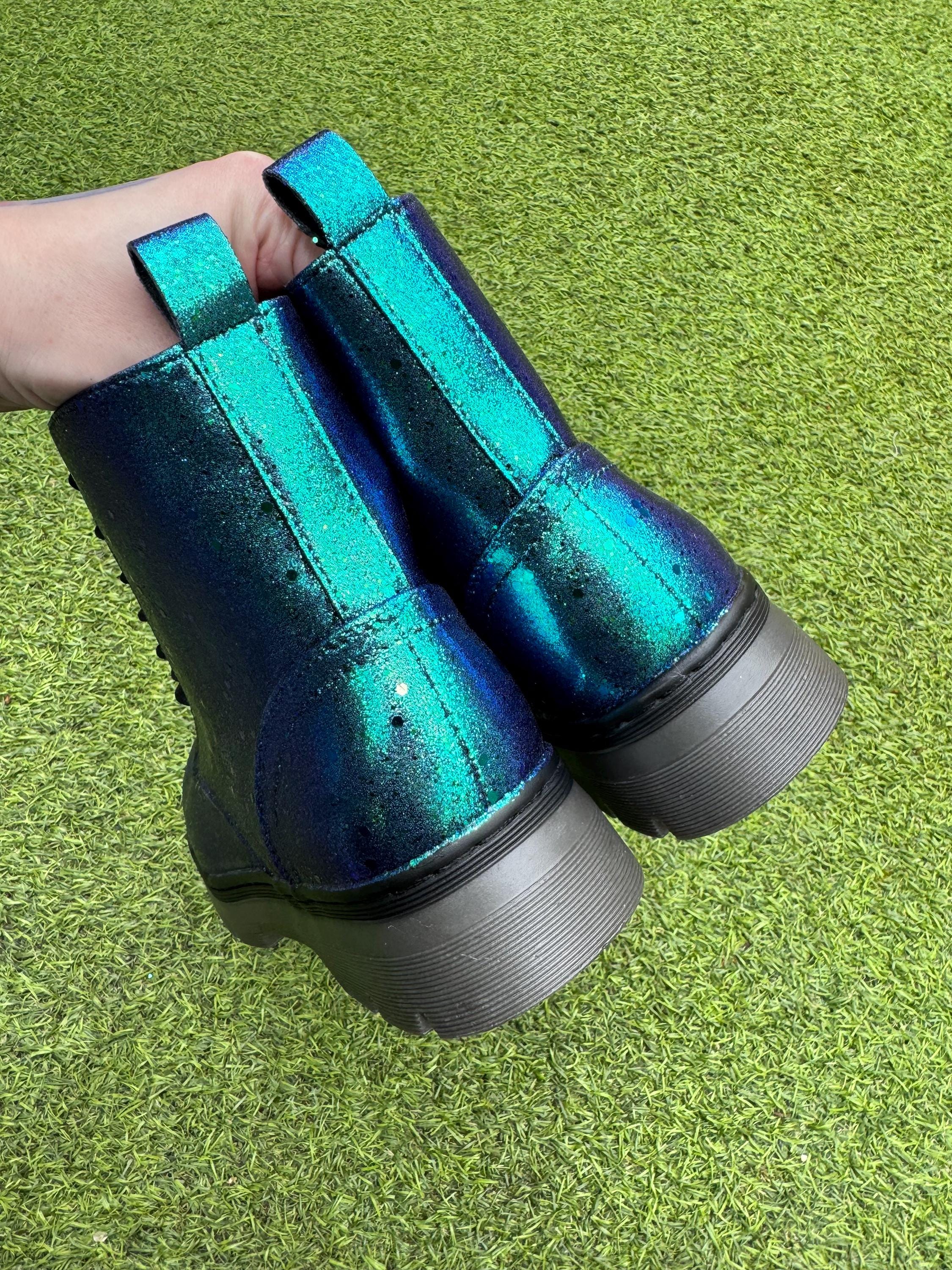 Peacock Color Shift Glitter Combat Boots, Blue Teal Sparkle  display picture 1