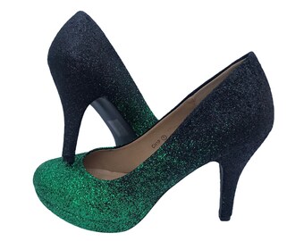 Black green glitter heels, Green ombre heels, Ombre glitter heels, Black glitter heels, Custom glitter shoes, Court heels glitter, Goth shoe