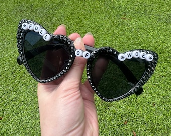 Embellished heart sunglasses, full of woe, Wednesday sunglasses, Personalised sunglasses, Halloween, Party, Wedding favour, Birthday, Gift