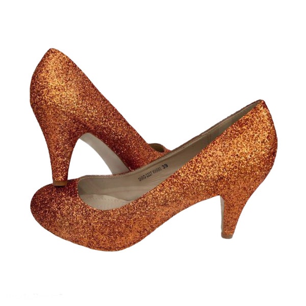 Orange glitter heels, Copper glitter shoes, Burnt orange wedding, Custom glitter heels, Court heel bride, Bridesmaid shoes orange, Prom shoe