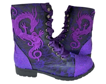 Purple dragon boots, Dragon lace boots, Purple lace boots, Purple bridal boots, Dragon ankle boots, Alternative wedding, Custom combat boots