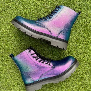 Twilight Colour Shift Glitter Combat Boots, Turquoise Purple Pink Sparkle Shoes