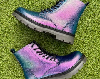 Twilight Colour Shift Glitter Combat Boots, Turquoise Purple Pink Sparkle Shoes