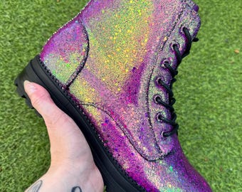 Fairy Forest Color Shift Glitter Combat Boots, Pink Green Gold Sparkle Shoes