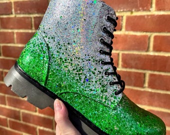 Silver Green Ombre Combat Boots, Holographic Glitter Boots
