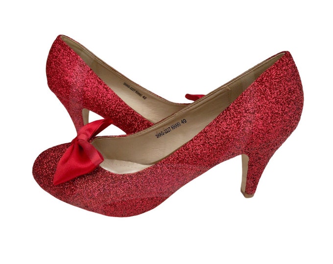 Red Bow Shoes, Red Glitter Heels, Bow Glitter Shoes, Shoes With Bow