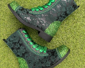 Green gold combat boots, Green lace boots, hotd boots, Green glitter boots, Customised boots, Green lace combat boots, Women’s custom boots