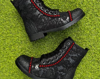 Red Crystal Black Glitter Lace Combat Boots, Alternative Wedding
